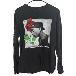 Tupac 2Pac Rose Portrait Long Sleeve Black Graphic Tee Medium